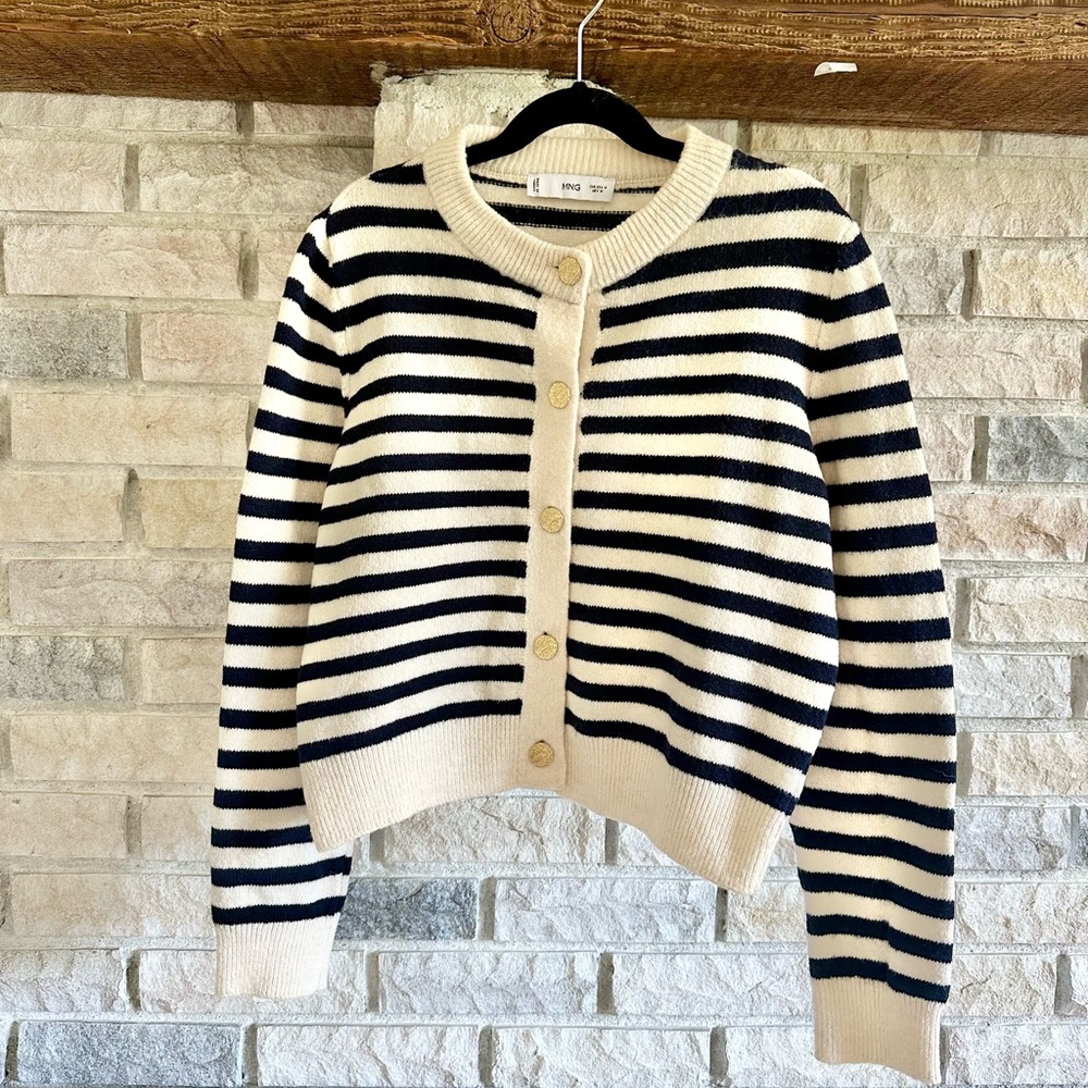 Mango Striped Knitted Cardigan Gold Jewel Buttons Navy Cream Size M Preppy EUC - Picture 4 of 13